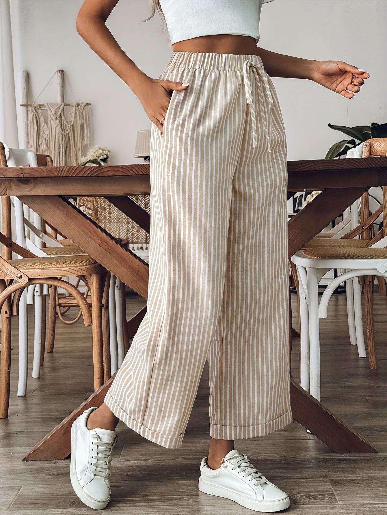 Elin - Stijlvolle gestreepte wide leg dames broek